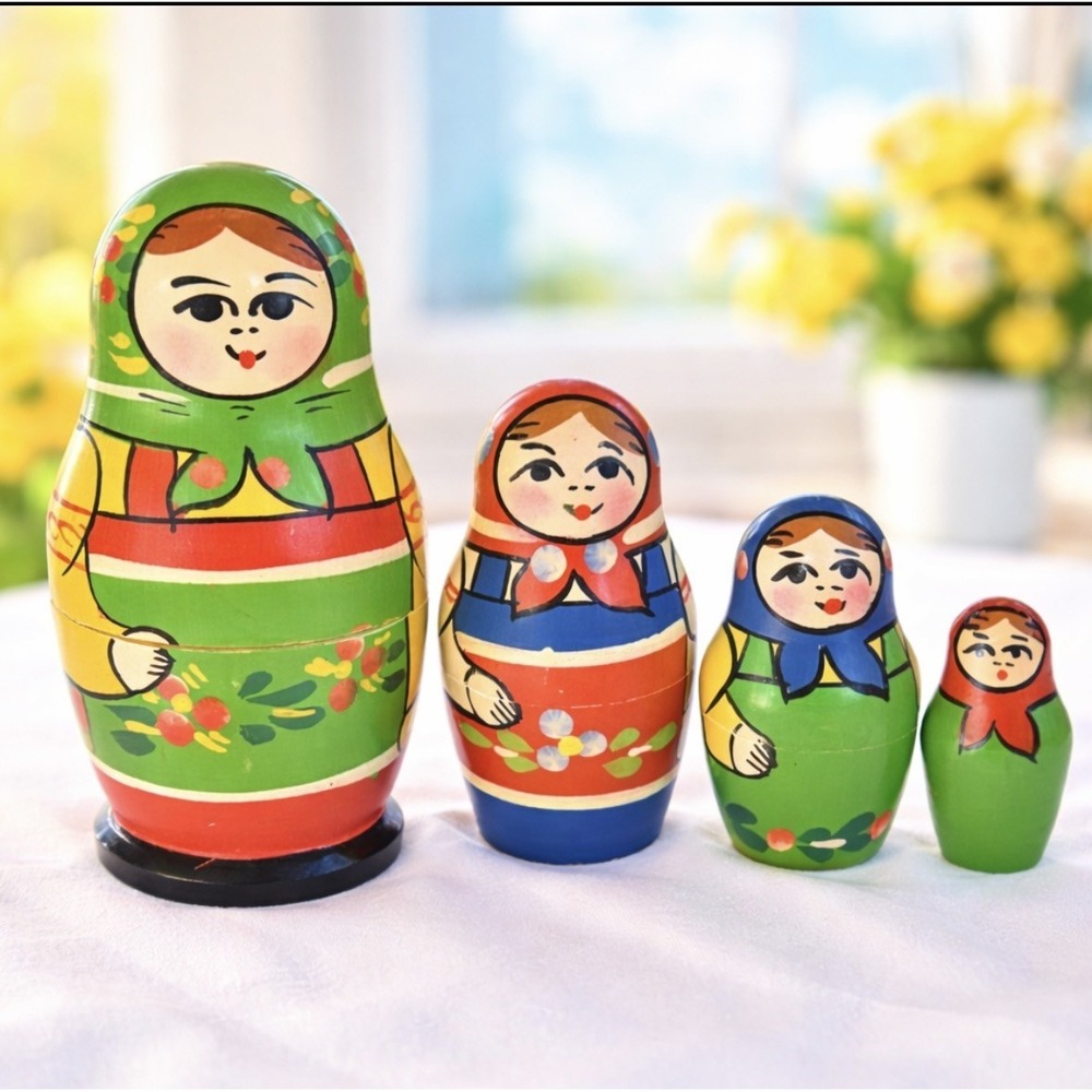 4 Nesting Matryoshka Dolls Set - Russian Green, Red & Blue  -‎ Handcrafted Doll